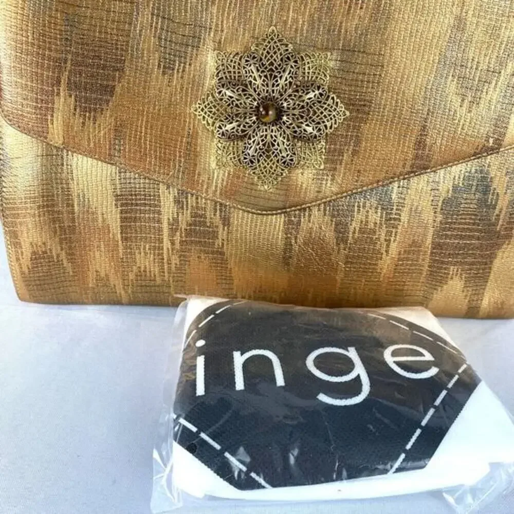 Vintage Glam 1950s INGE Gold Leather Boho Chic Satchel Bag Filigree Flower NWT